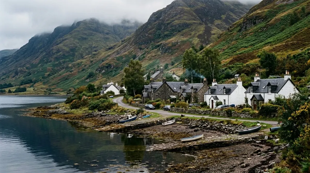 A small village of stone houses along the shore of a calm sea loch with hills behind, Loch Leven, Ballachulish, Scotland