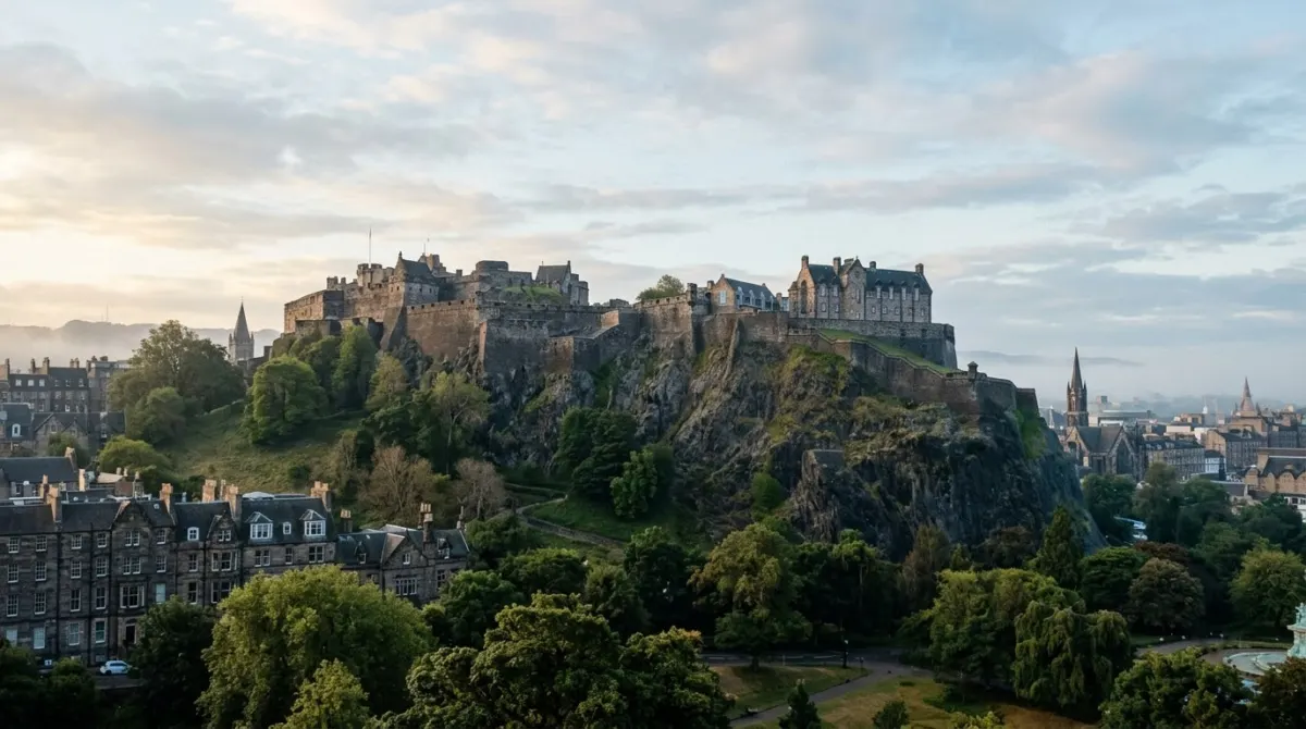 A grey stone castle on volcanic rock above the city in soft early morning light, Edinburgh Castle, Edinburgh, Scotland