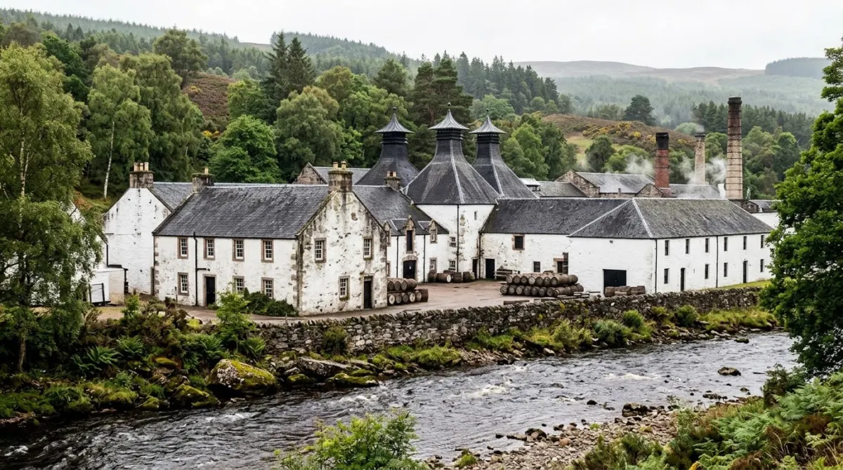 Whitewashed distillery buildings with pagoda roofs beside a river among wooded hills, Speyside, Scotland