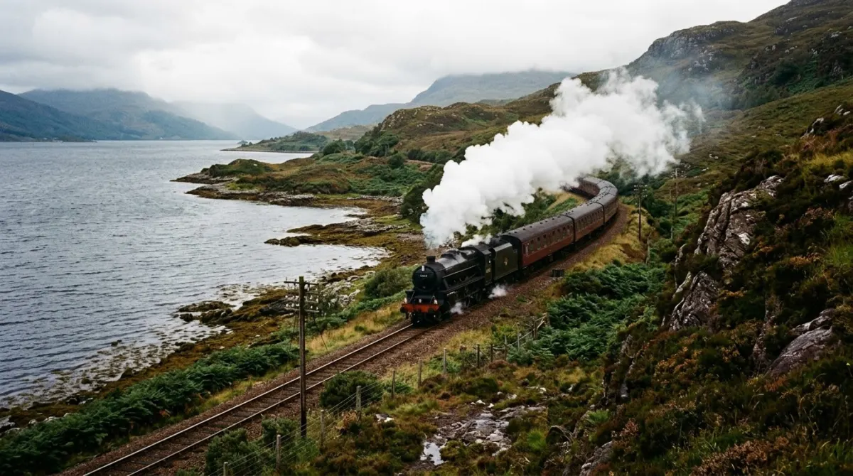 A steam train with a trail of white smoke running beside a sea loch, Mallaig, Scotland