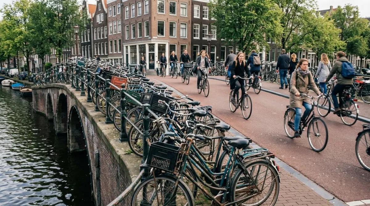 Rows of parked bicycles on a canal bridge with cyclists passing in a separate lane, Amsterdam, Netherlands