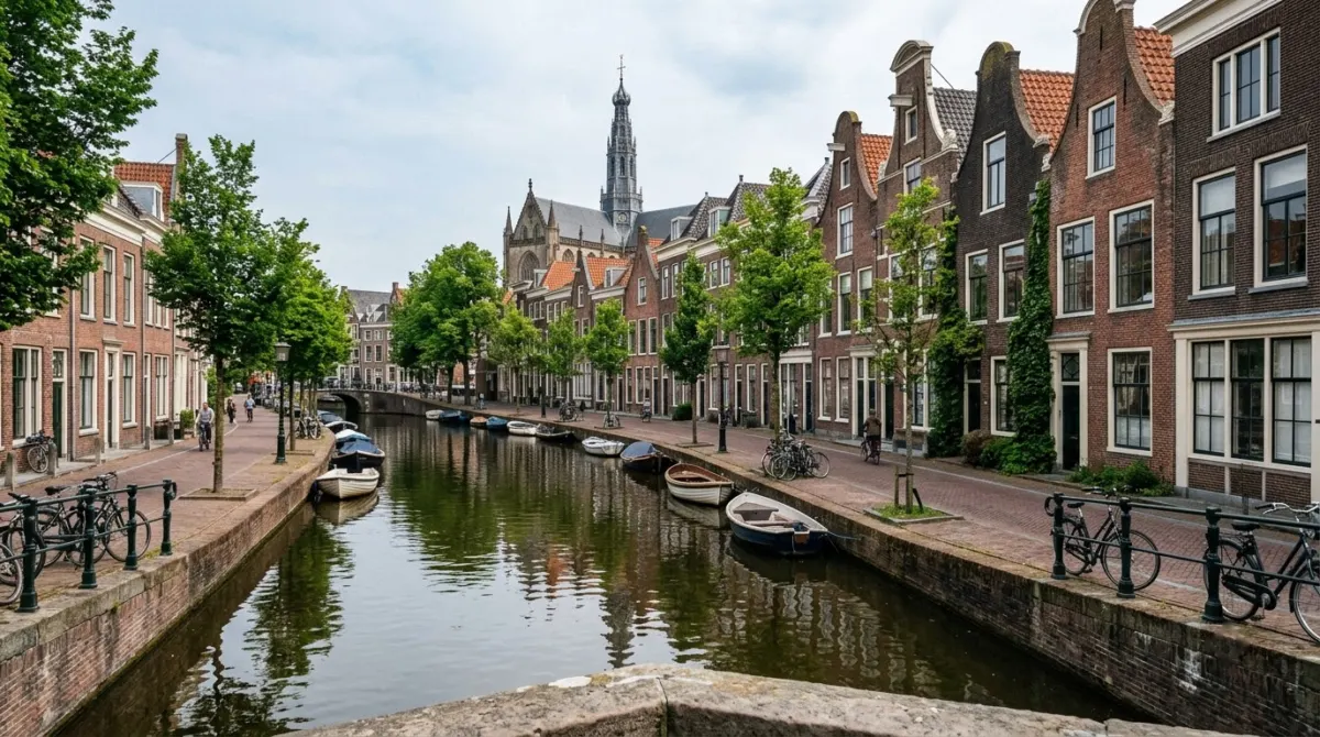 A calm canal lined with tall gabled houses and a church tower in a small city, Haarlem, Netherlands