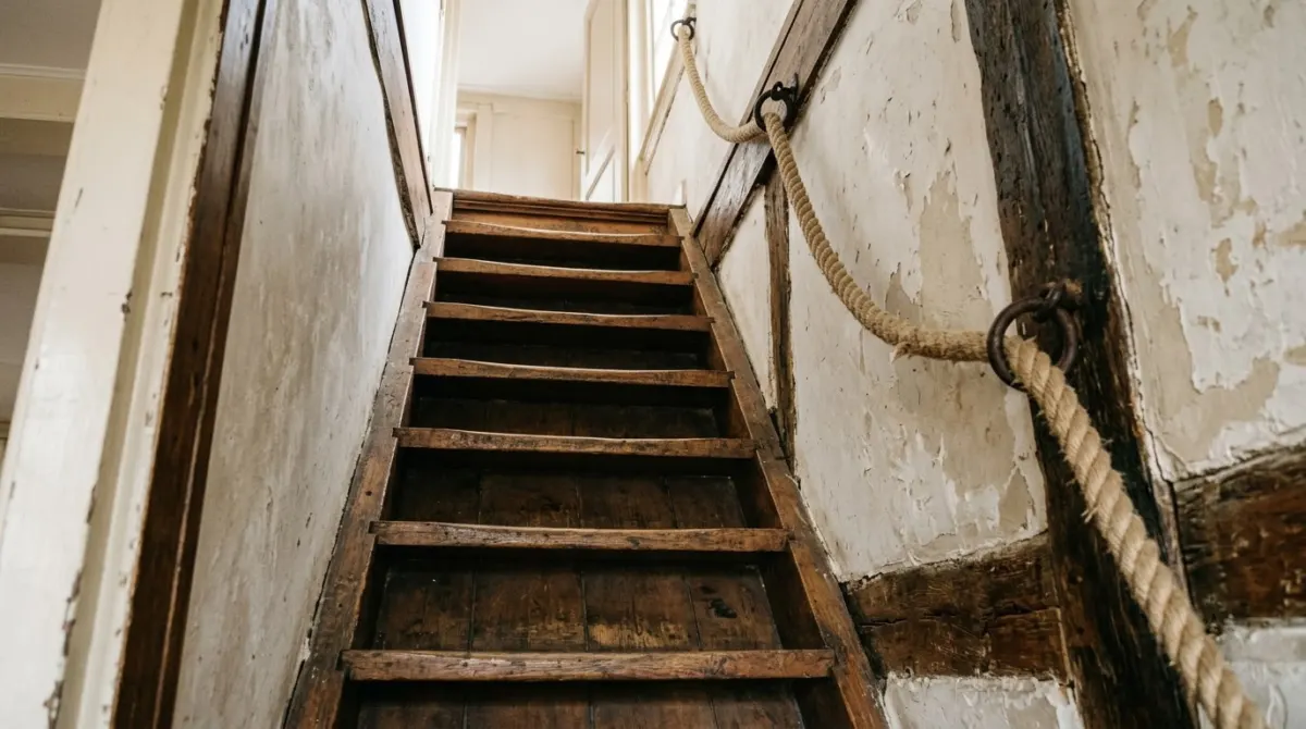 A very steep narrow wooden staircase with shallow treads and a rope handrail inside an old canal house, Amsterdam, Netherlands