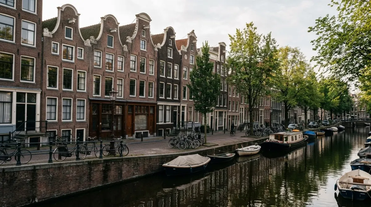 A quiet canal-side street with gabled brick houses and moored boats in the morning, Nieuwmarkt, Amsterdam, Netherlands