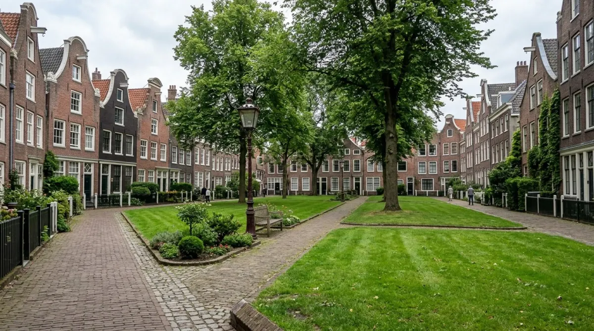 A quiet green courtyard surrounded by old almshouses with gabled fronts, Begijnhof, Amsterdam, Netherlands