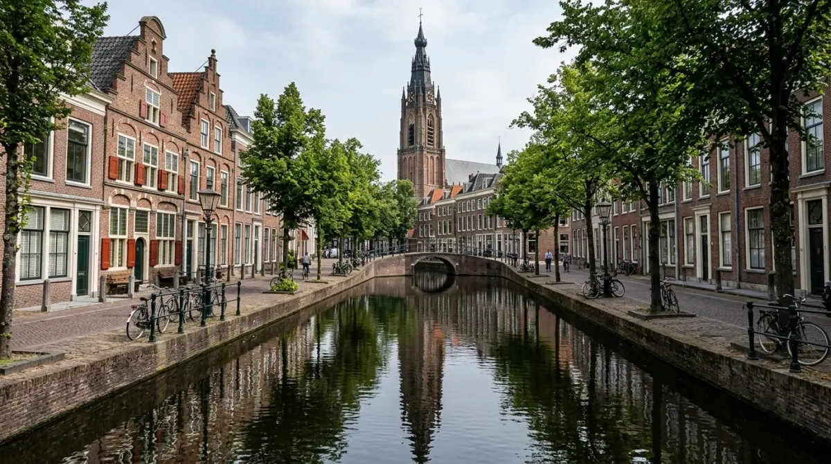 A tree-lined canal with brick gabled houses and a tall church tower reflected in the water, Delft, Netherlands
