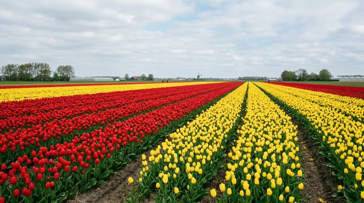 Long stripes of red and yellow tulips in flat bulb fields under a spring sky, Keukenhof, Netherlands