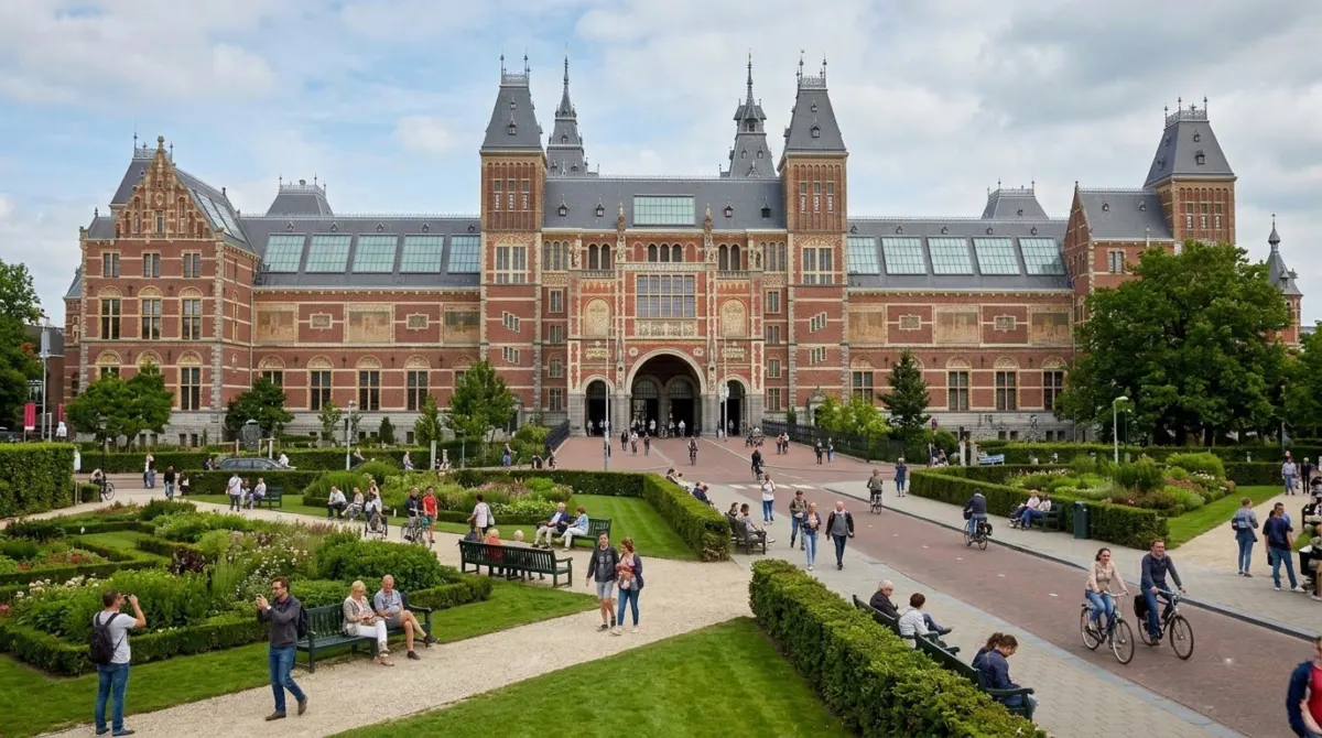 The large red-brick museum building with ornate towers and gardens in front, Rijksmuseum, Amsterdam, Netherlands