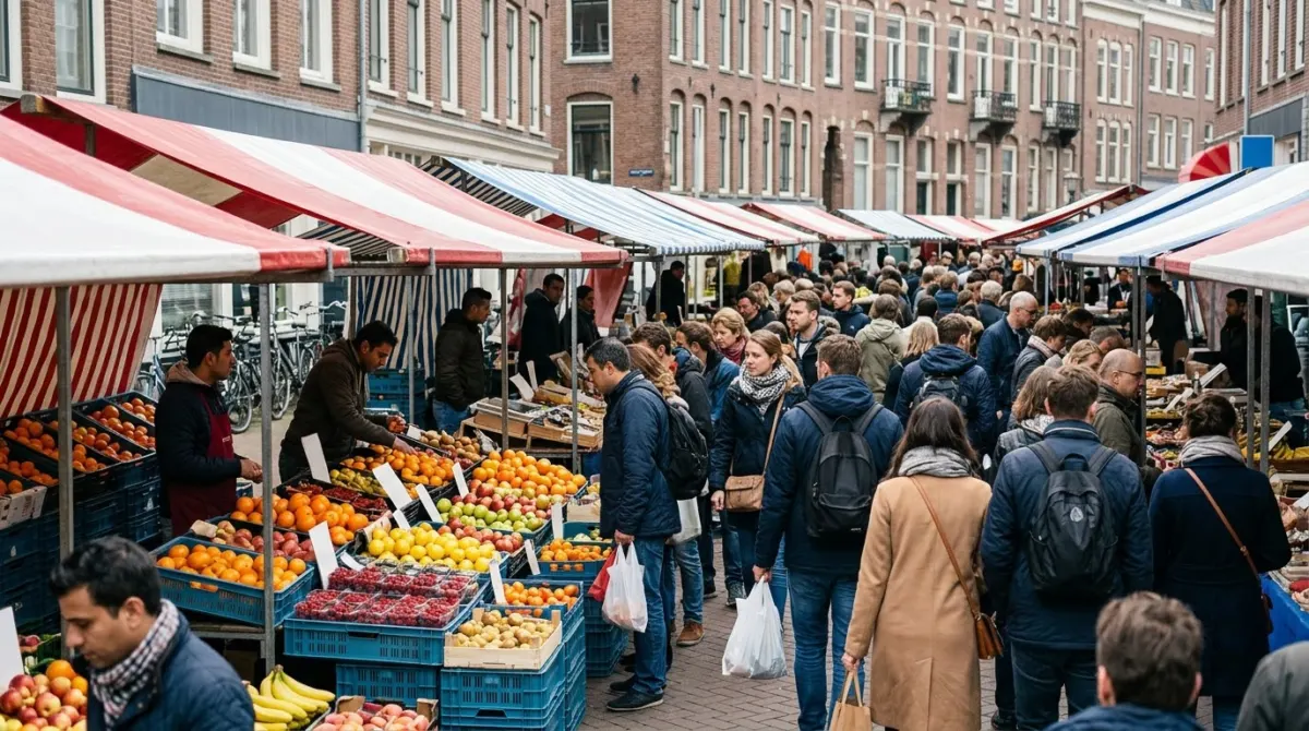 A busy open-air street market with fruit and food stalls under striped awnings, Albert Cuyp market, De Pijp, Amsterdam, Netherlands