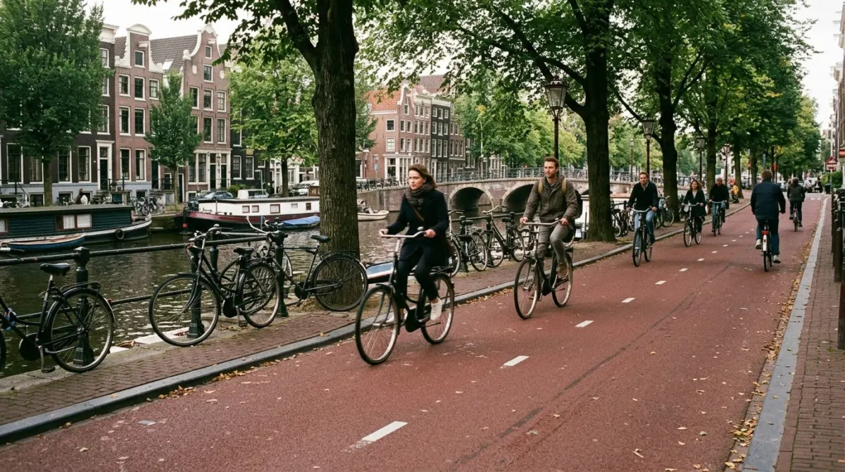 Cyclists riding fast along a red bike lane beside a tree-lined canal, Amsterdam, Netherlands