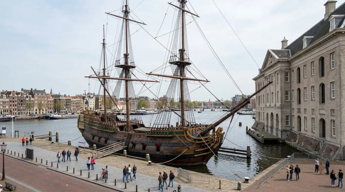 A replica wooden sailing ship with tall masts moored beside a large museum on the waterfront, Amsterdam, Netherlands