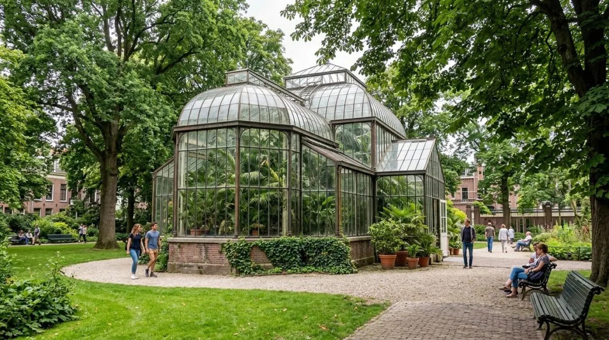 A glasshouse among green lawns and tall trees in a botanical garden, Plantage, Amsterdam, Netherlands