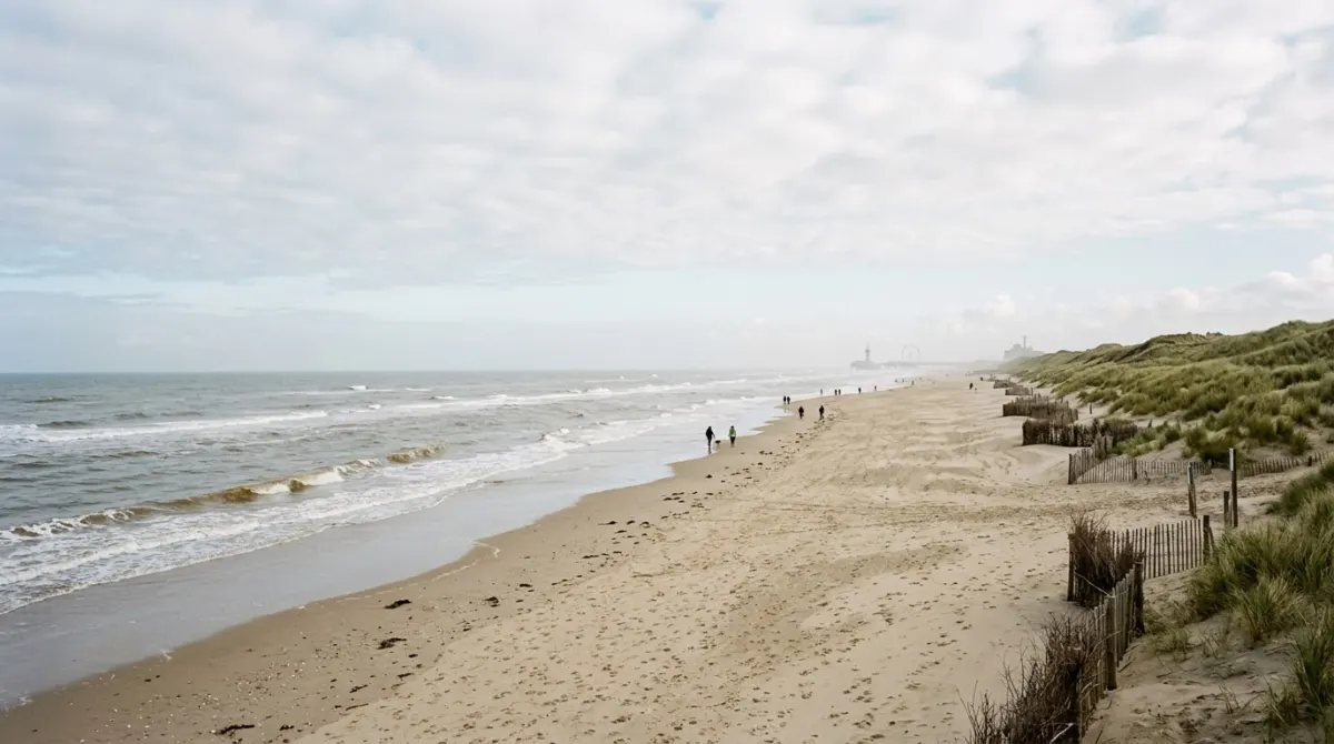 A wide sandy beach with low dunes and gentle waves under a pale sky, Scheveningen, The Hague, Netherlands
