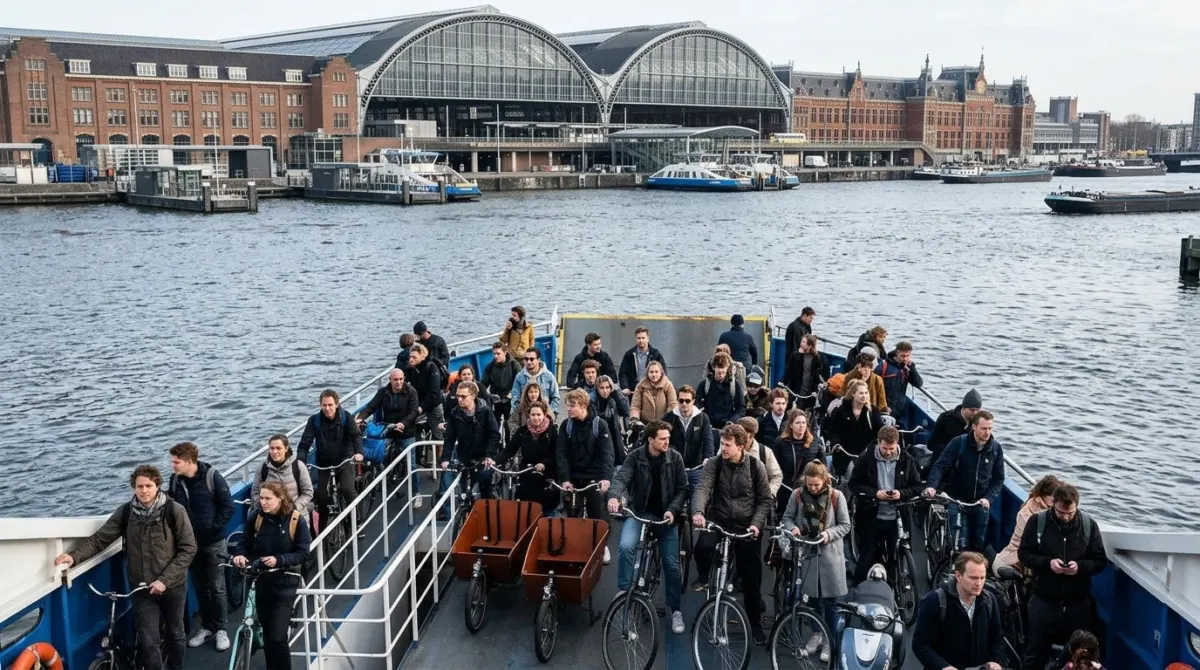 A small free ferry crossing a wide waterway with cyclists on deck behind the central station, Noord, Amsterdam, Netherlands