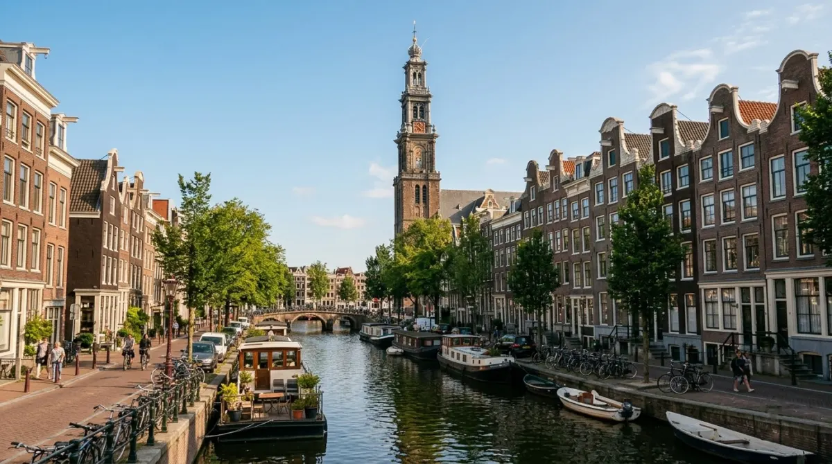 A tall church tower rising above a canal lined with gabled houses on a clear afternoon, Westerkerk, Prinsengracht, Amsterdam, Netherlands
