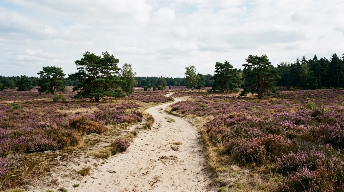 Purple heathland and pine woods with a sandy path under a big sky in a national park, Hoge Veluwe, Netherlands