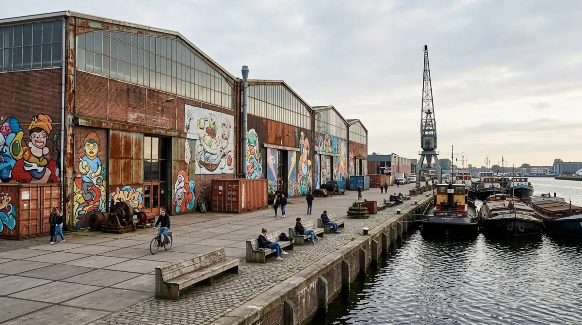 Vast former shipyard warehouses with colourful street art beside the water, NDSM yard, Noord, Amsterdam, Netherlands