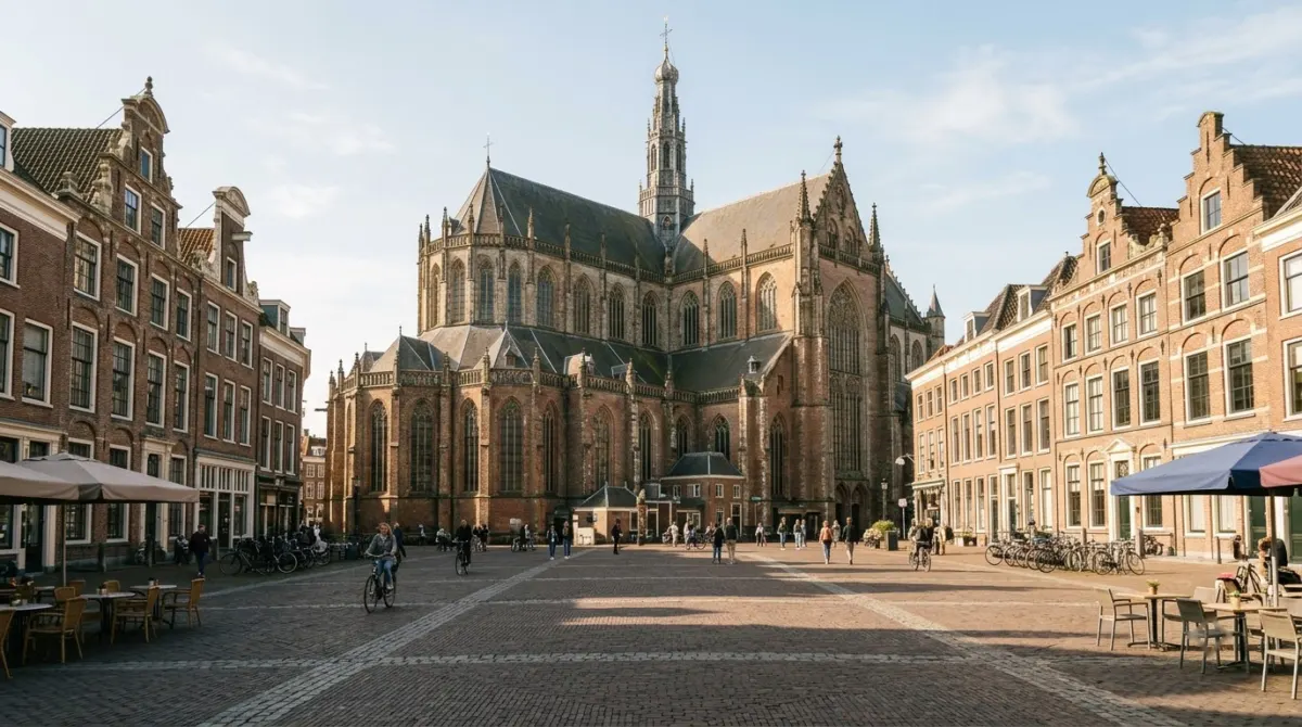 A large market square with a big brick church and step-gabled buildings on a sunny morning, Haarlem, Netherlands