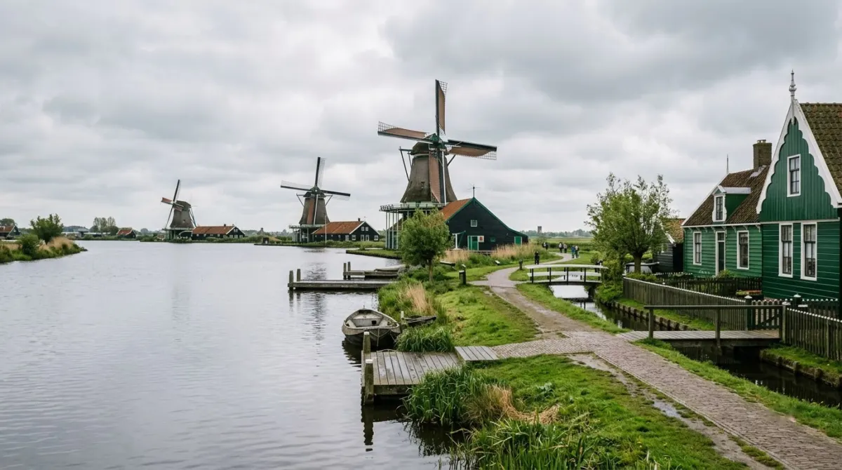 Working wooden windmills and green wooden houses along a quiet river under a cloudy sky, Zaanse Schans, Netherlands