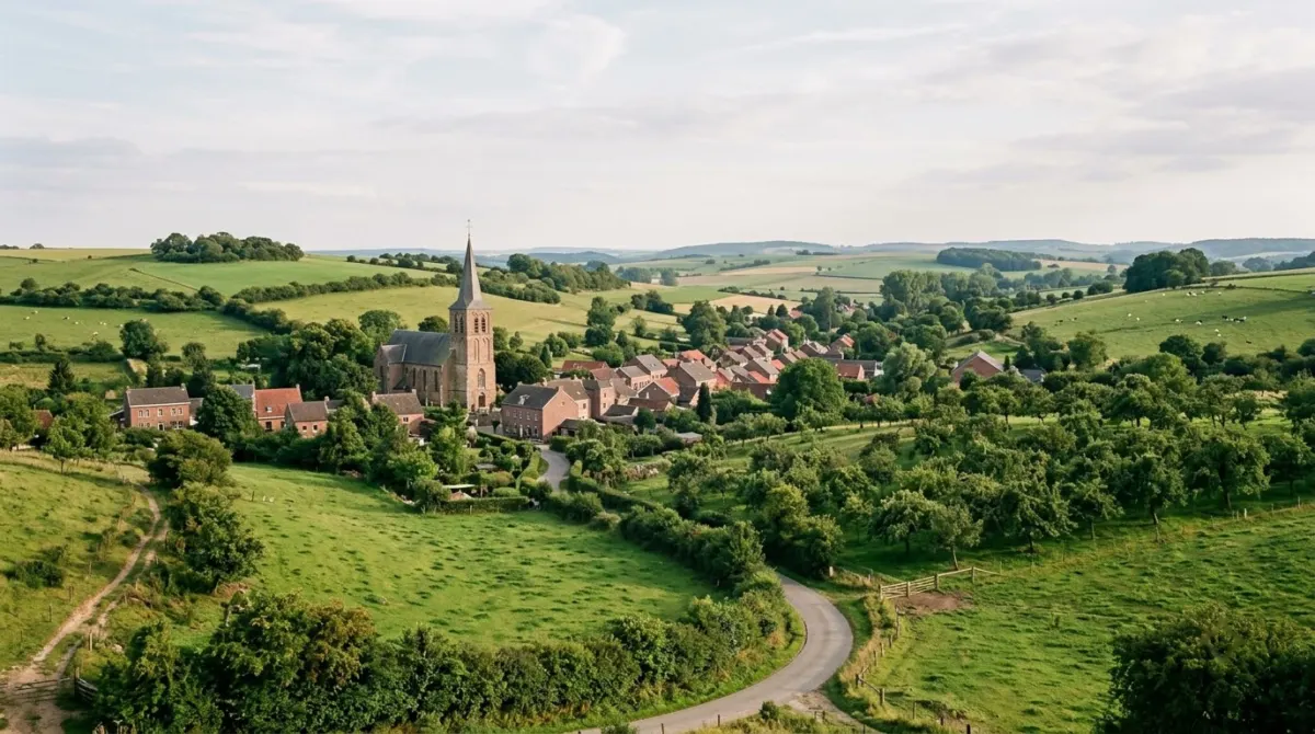 Rolling green hills with orchards and a small village church in the countryside, Limburg, Netherlands