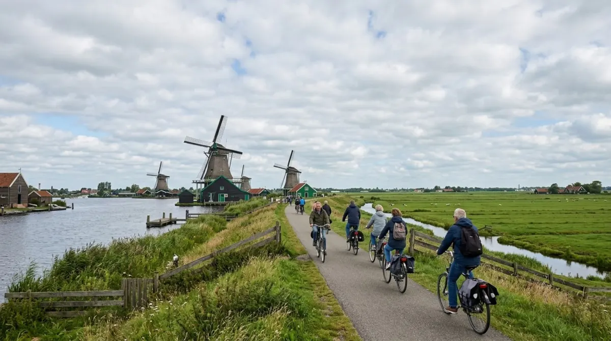 Cyclists on a flat dyke path past windmills and green polders under a wide sky, Zaan region, Netherlands