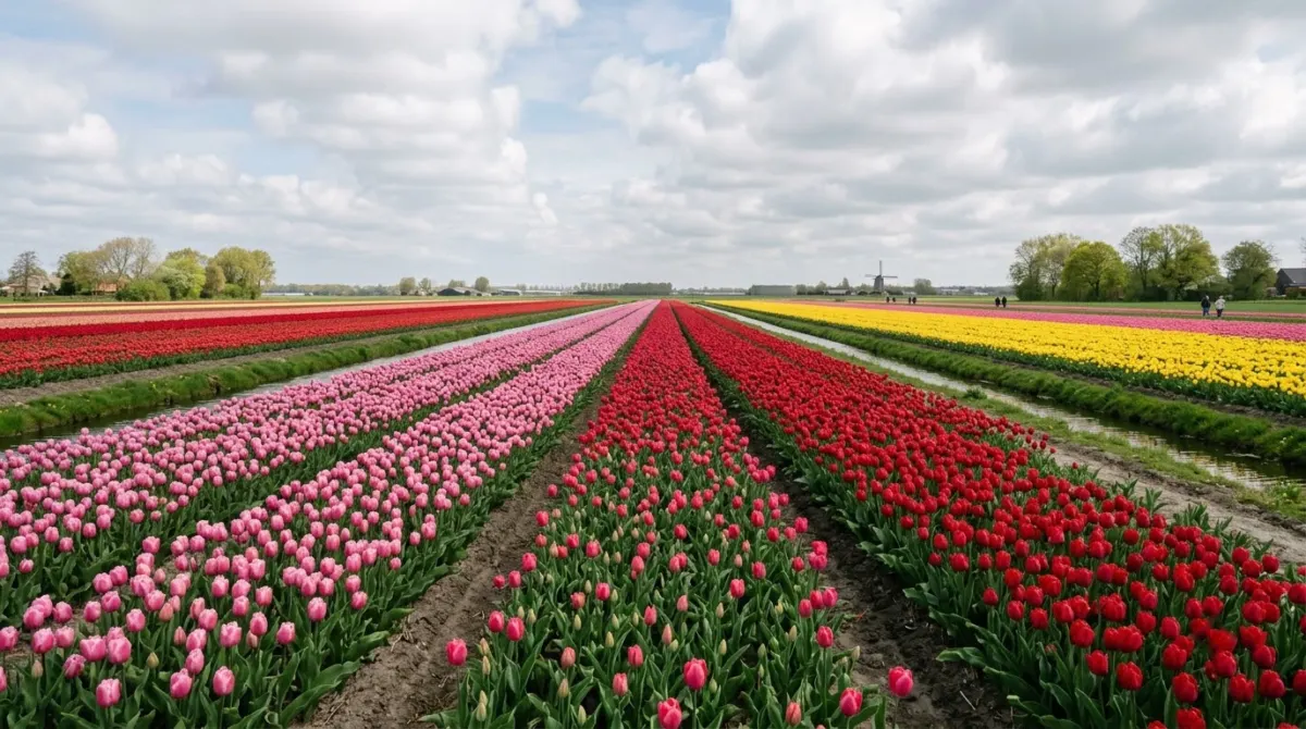 Flat bulb fields striped with pink, red and yellow tulips under a spring sky, Keukenhof, Netherlands