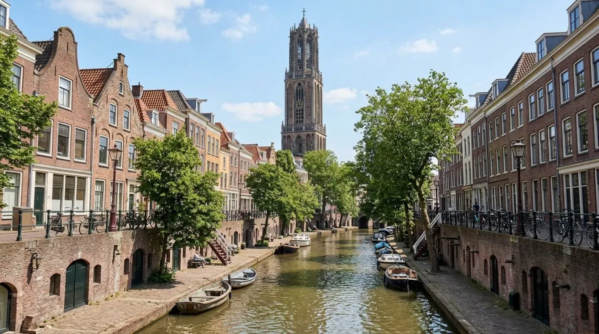 A quiet canal with brick houses and a tall church tower behind on a bright day, Utrecht, Netherlands