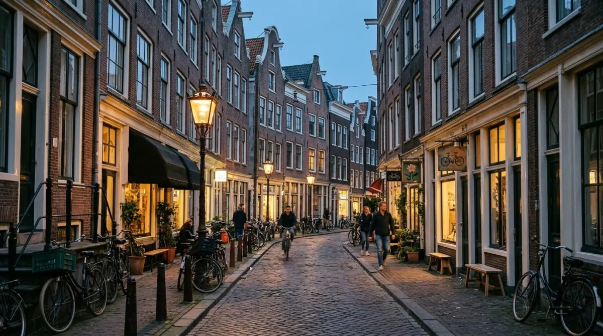 A narrow cobbled street of small shopfronts and parked bicycles in early evening light, Jordaan, Amsterdam, Netherlands