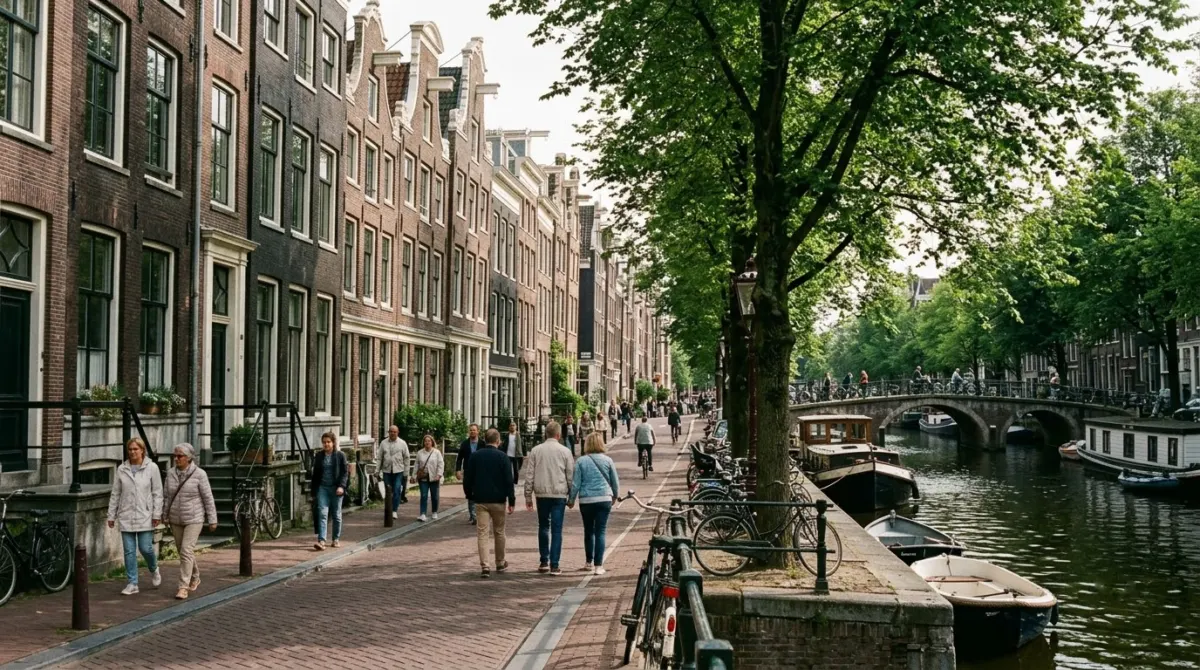 Walkers on a canal-side street lined with tall gabled houses and leafy trees in daylight, Amsterdam, Netherlands