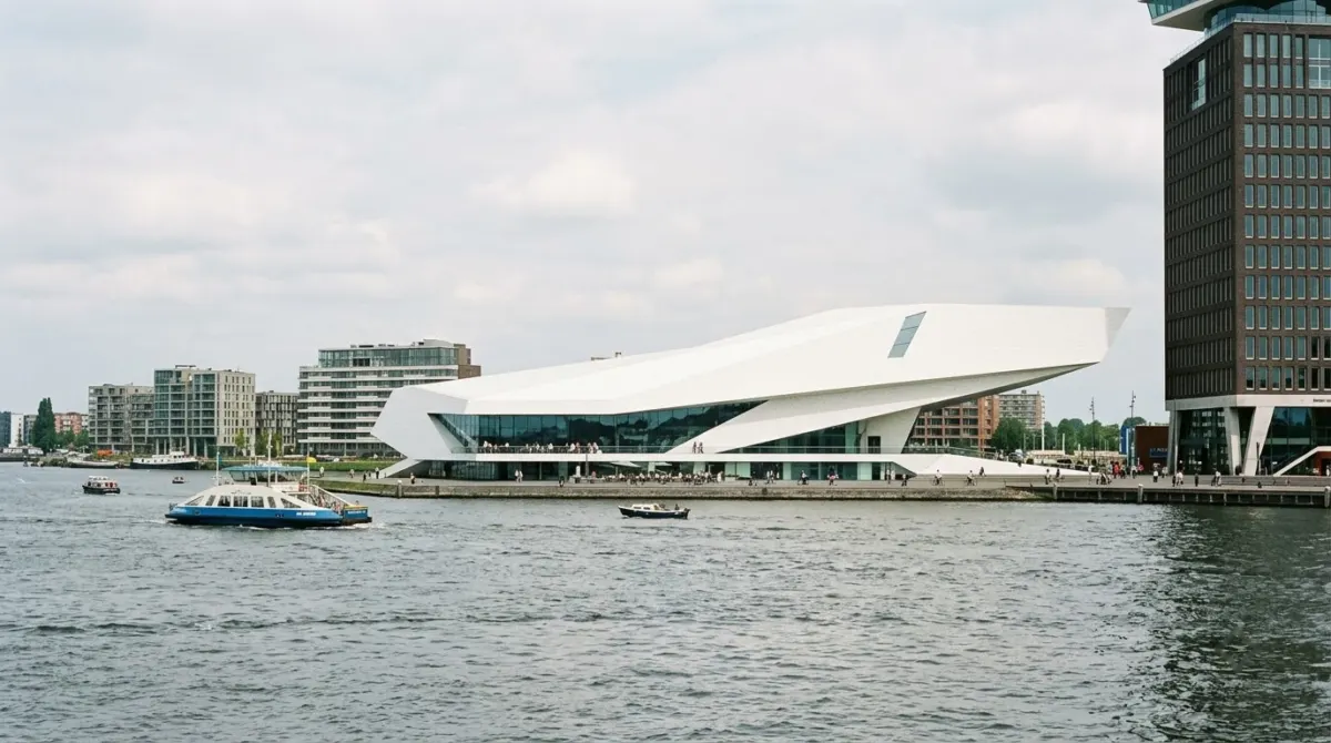 A striking angular white building on the waterfront across the river from the city centre, EYE film museum, Noord, Amsterdam, Netherlands