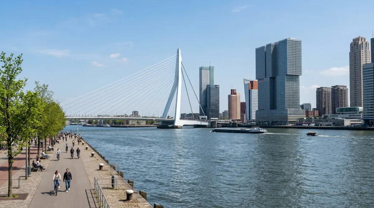 Modern towers and a white cable-stayed bridge over a wide river on a clear day, Rotterdam, Netherlands