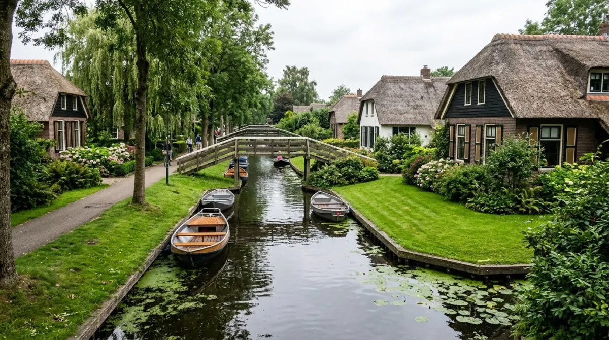 Thatched farmhouses beside narrow canals with small boats and wooden footbridges, Giethoorn, Netherlands