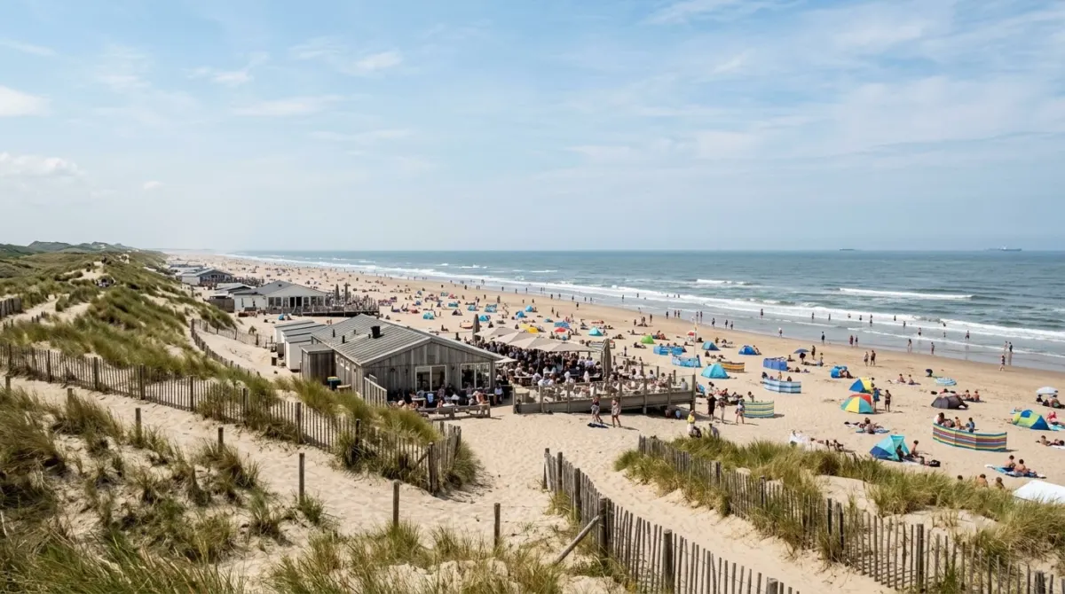 A wide sandy beach with dunes and beach pavilions on a summer day, Zandvoort, Netherlands