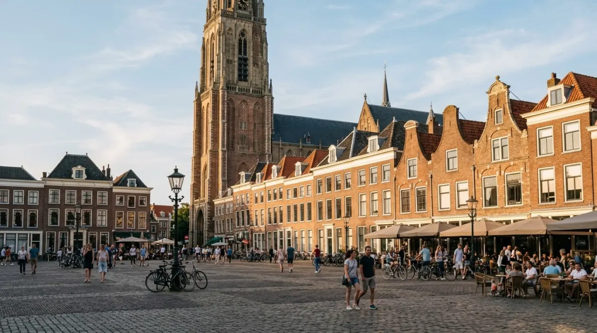 A market square with a grand church tower and brick gabled houses in afternoon sun, Delft, Netherlands