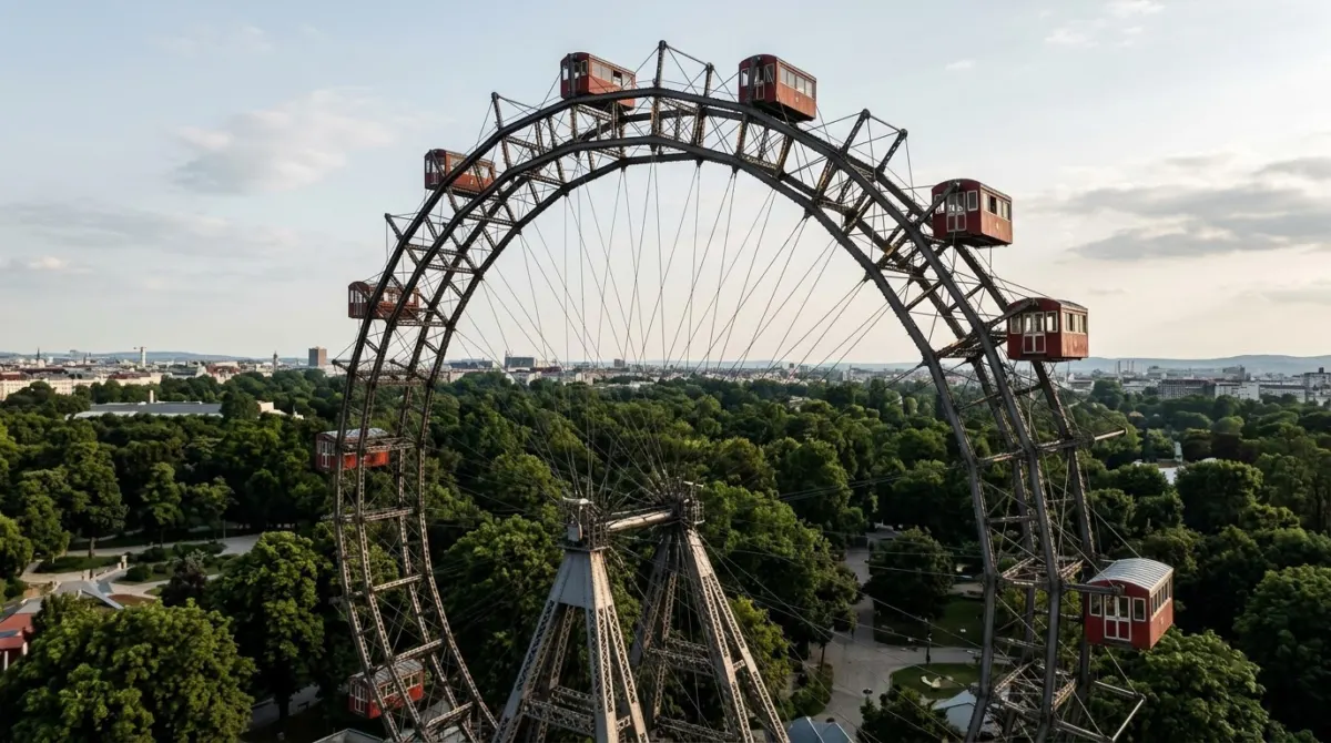 A historic ferris wheel with red cabins turning above the trees of a large public park, Prater, Vienna, Austria