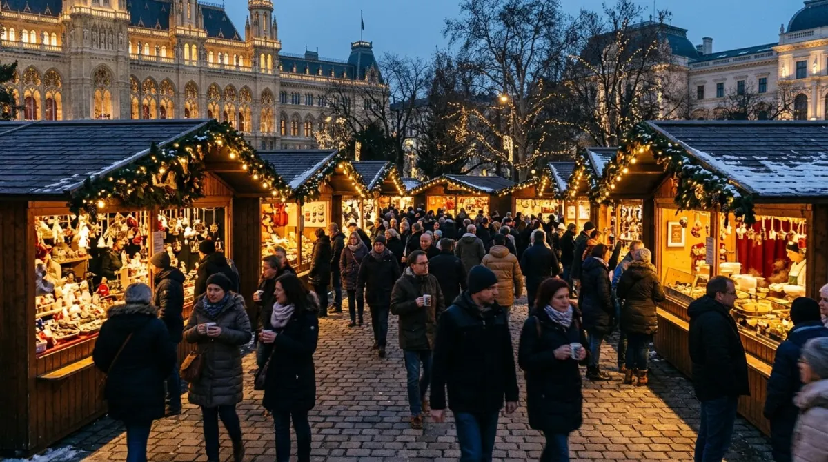 Wooden market stalls glowing with lights in a square on a winter evening, Vienna, Austria