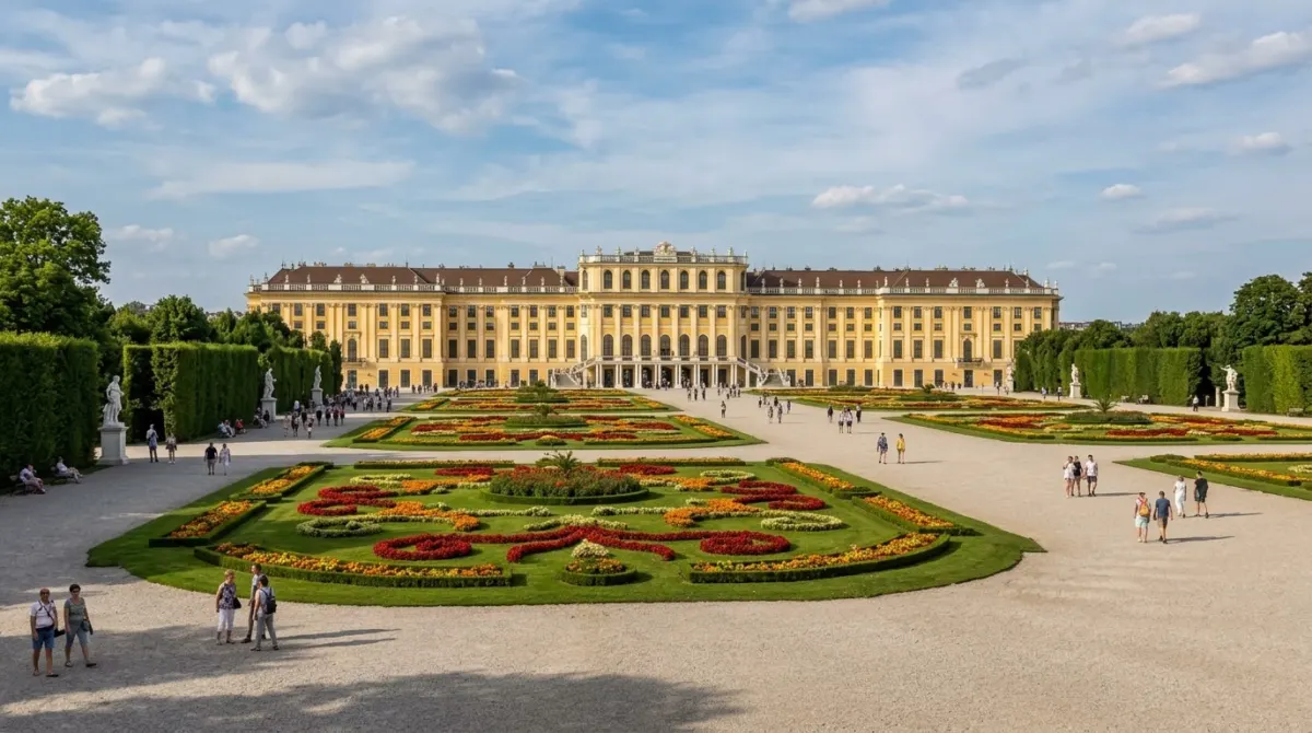 The long yellow palace facade above formal gardens and flower beds in summer, Schönbrunn, Vienna, Austria
