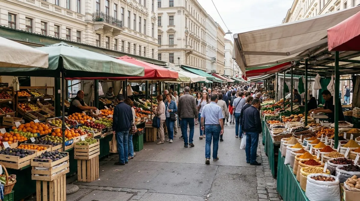 Long rows of market stalls with fruit, spices and awnings along a broad street, Naschmarkt, Vienna, Austria