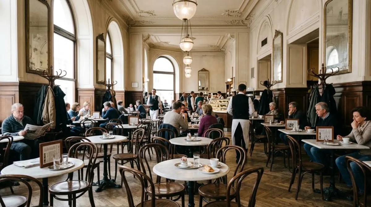 Marble tables and bentwood chairs in a high-ceilinged traditional coffee house in soft daylight, Vienna, Austria