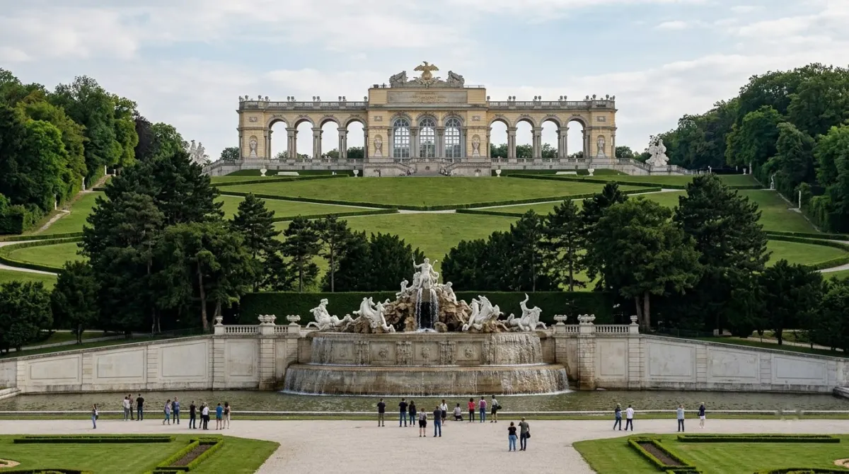 A colonnaded hilltop pavilion above formal palace gardens and a fountain, Gloriette, Schönbrunn, Vienna, Austria