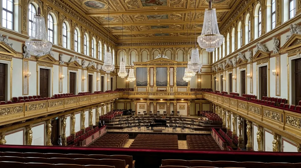 An ornate gilded concert hall with rows of seats and chandeliers before a performance, Vienna, Austria