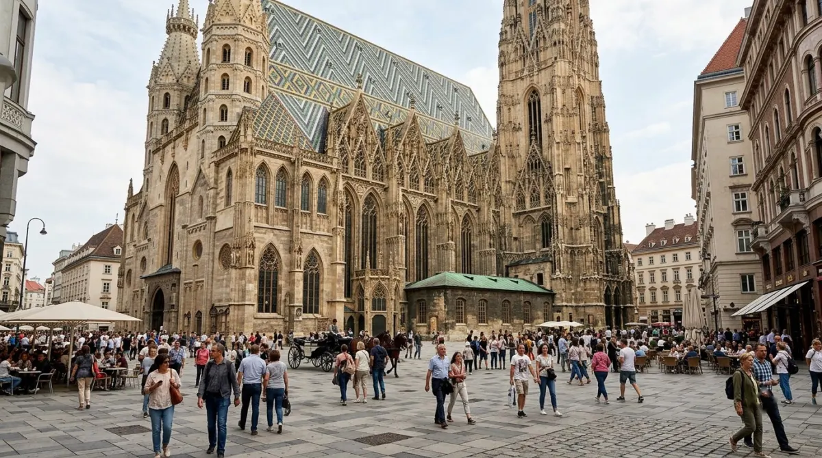 A cathedral with a steep patterned tile roof rising above a busy pedestrian street, St Stephen's Cathedral, Vienna, Austria