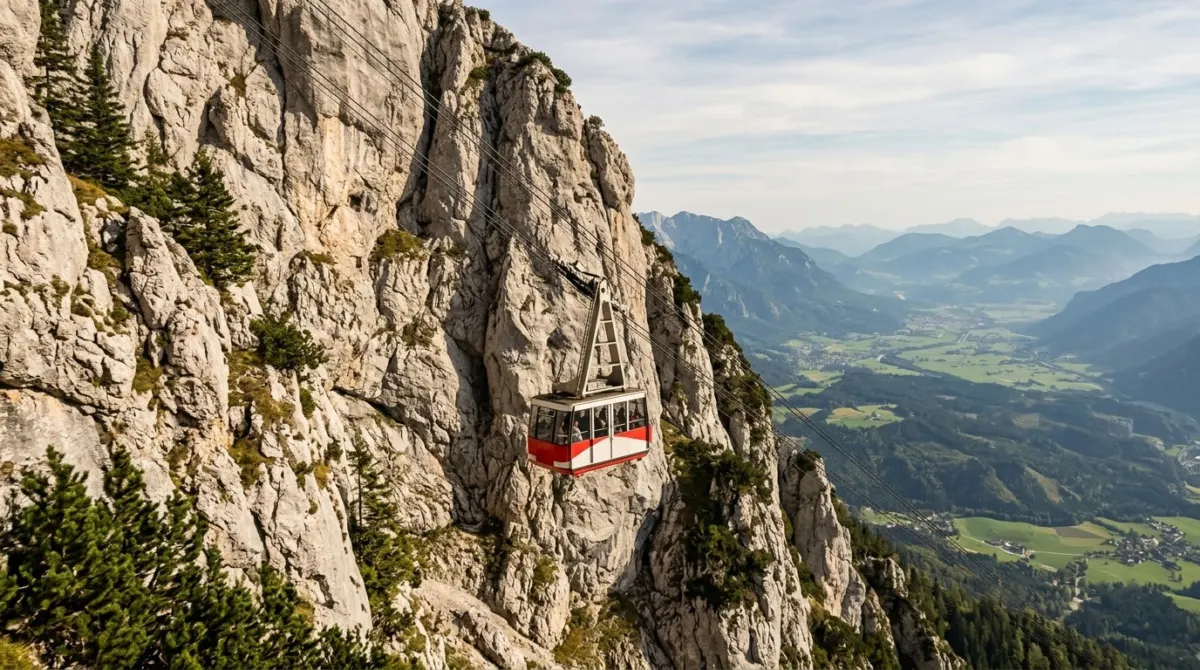 A cable car cabin rising up a steep limestone mountain face with wide alpine views, Untersberg, Salzburg, Austria