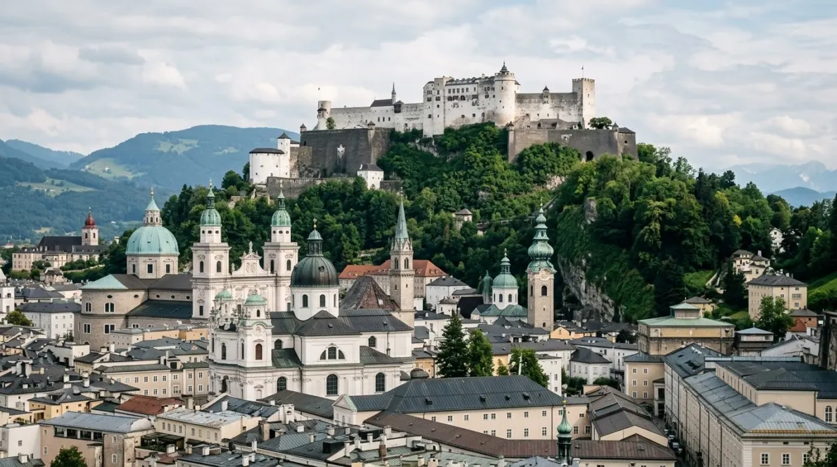 A large white medieval fortress on a wooded hill above old town domes and rooftops, Hohensalzburg, Salzburg, Austria