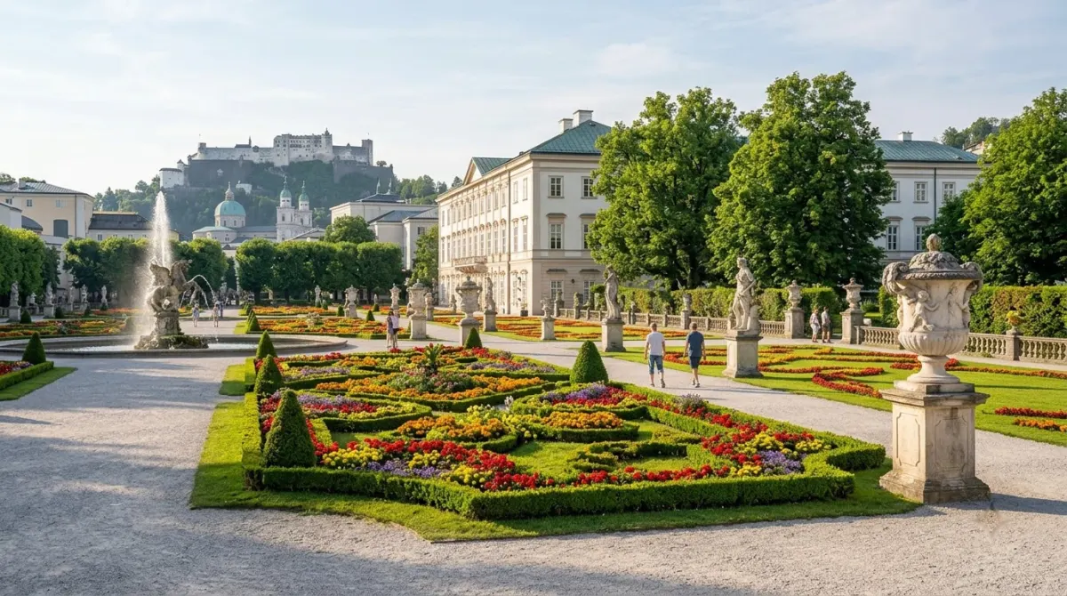 Formal flower beds, fountains and statues in palace gardens on a sunny morning, Mirabell gardens, Salzburg, Austria