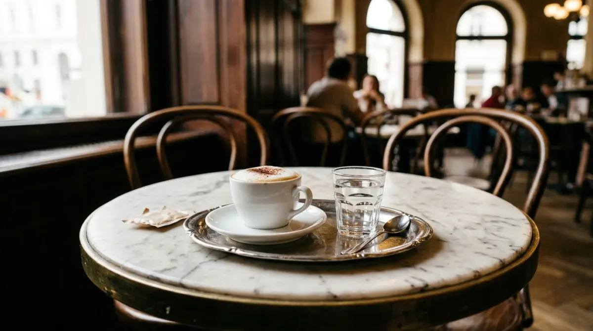 A coffee and a glass of water on a small silver tray on a marble table, Vienna, Austria