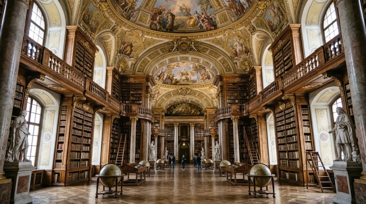 A vast baroque library hall with a frescoed ceiling, marble statues and tall wooden bookcases, Vienna, Austria
