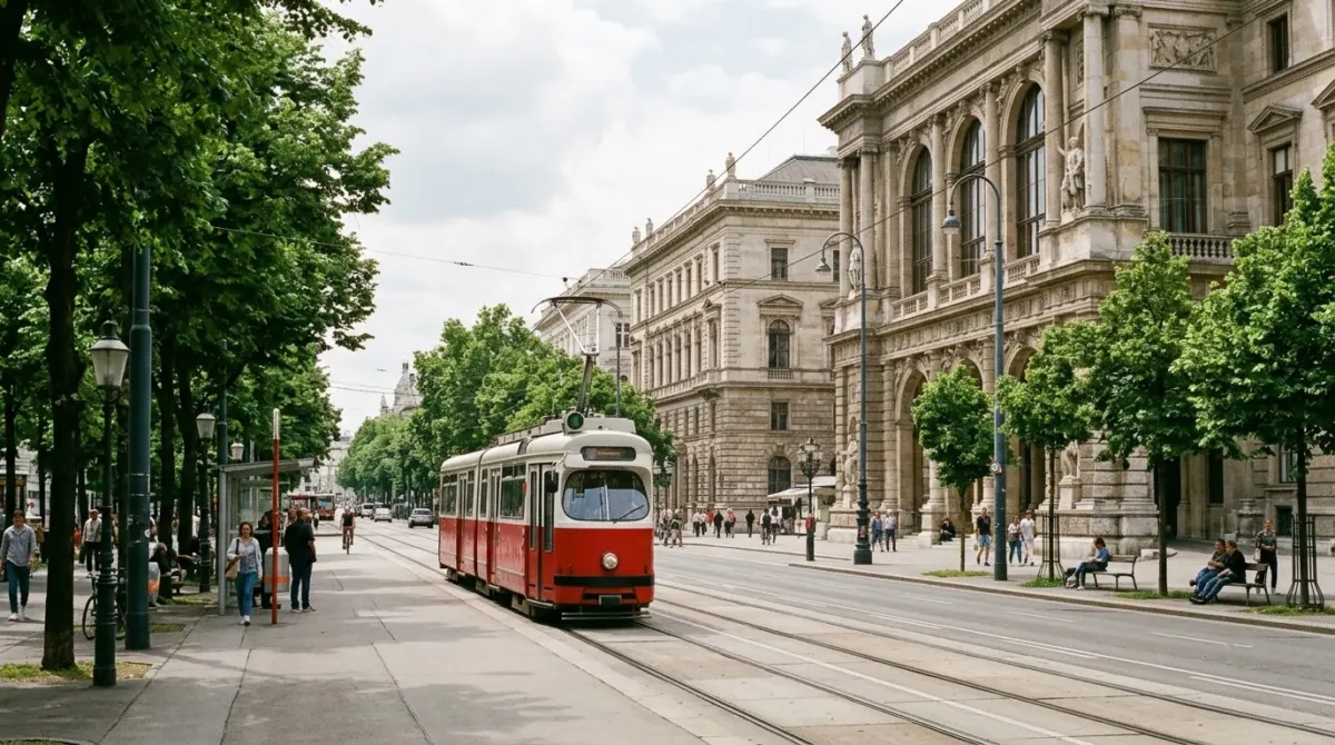 A red and white tram passing grand nineteenth-century buildings along a wide tree-lined boulevard, Ring, Vienna, Austria