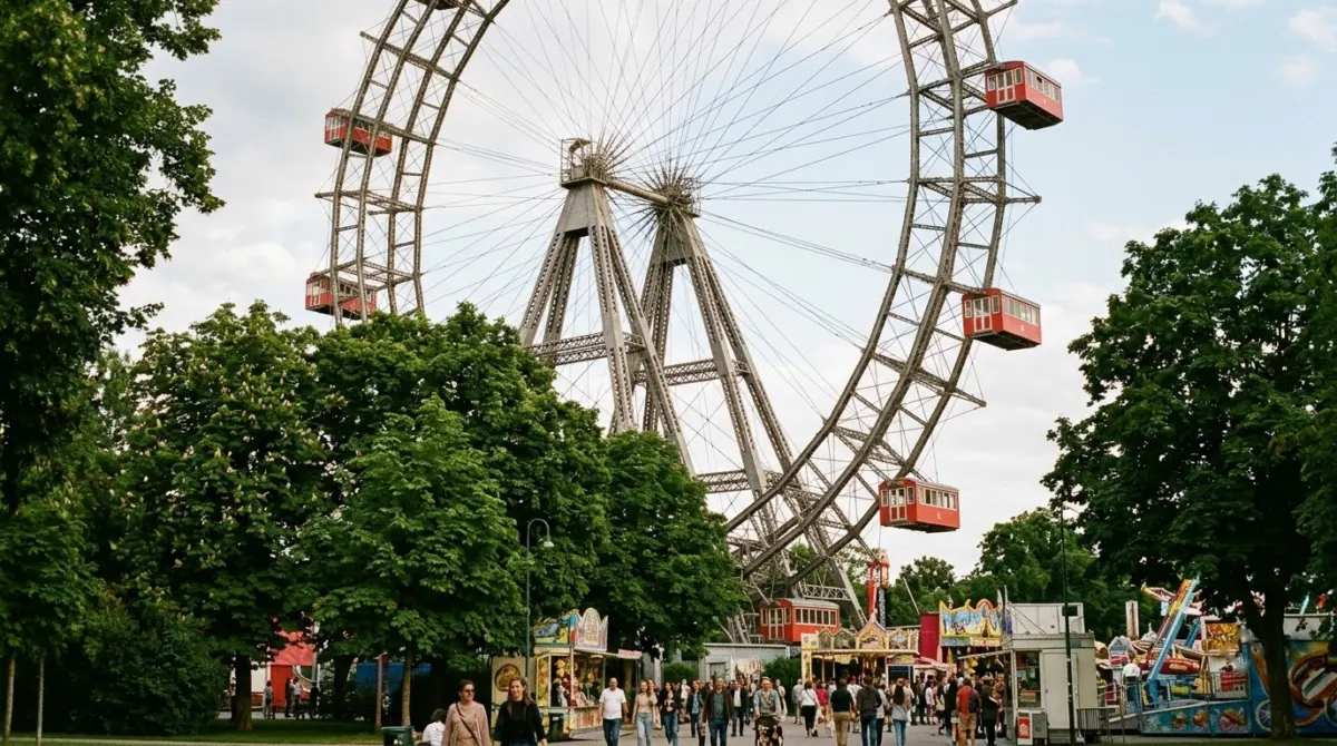 A giant old ferris wheel with red cabins above a funfair and park trees, Prater, Vienna, Austria