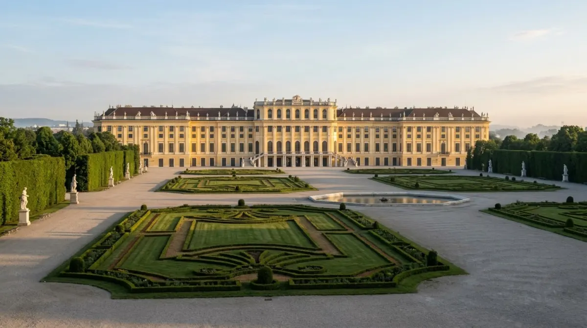 The long yellow palace facade and formal gardens on a quiet early morning, Schoenbrunn, Vienna, Austria